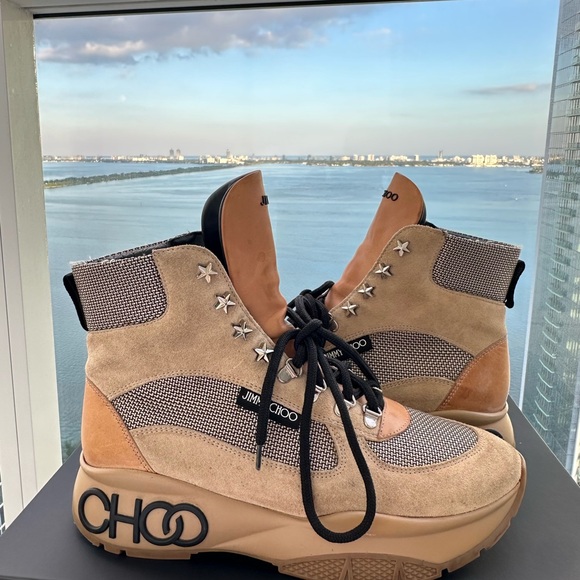 Jimmy Choo Shoes - Jimmy Choo Beige and Black Star-Embellished Boots